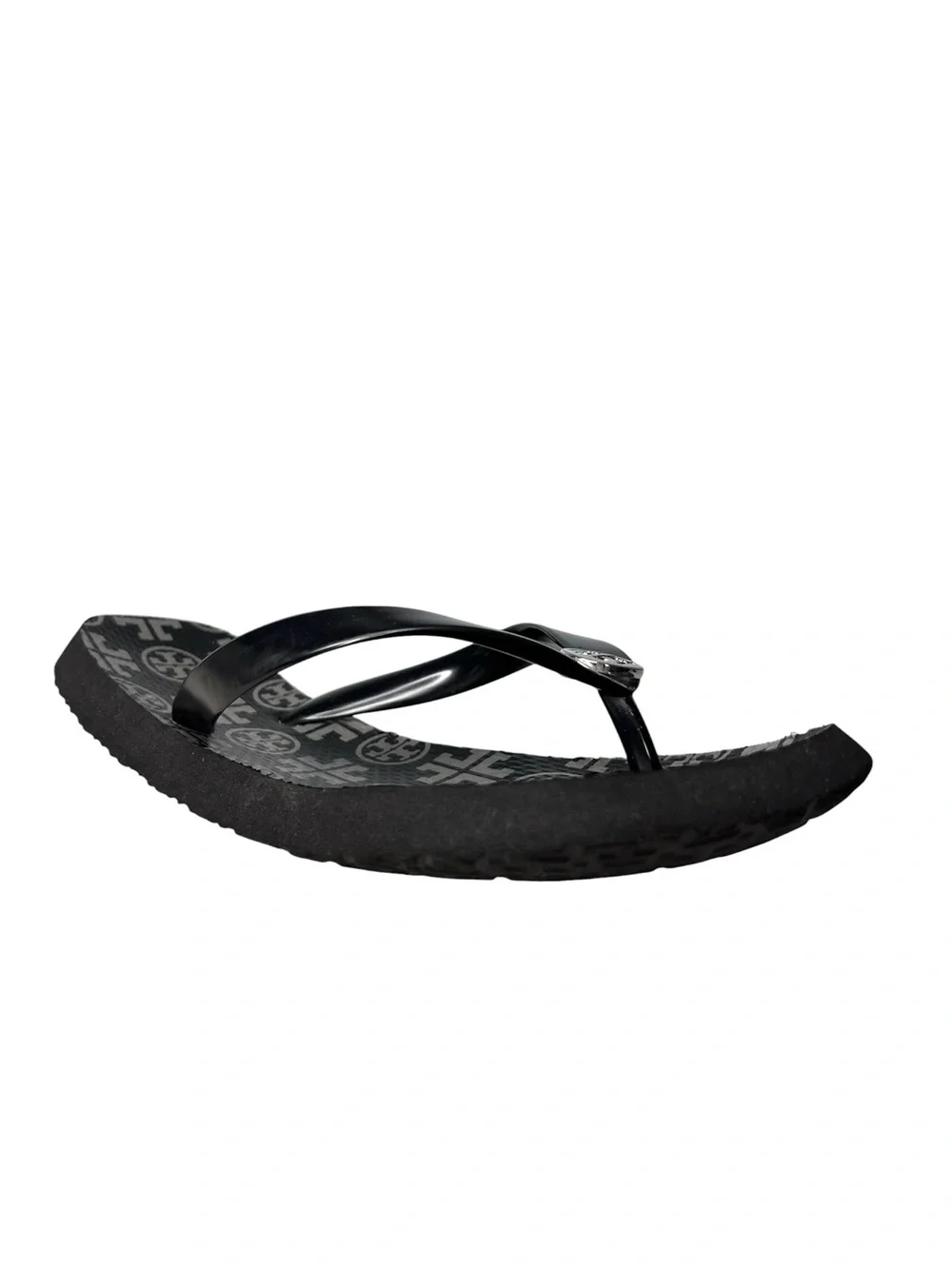 Tory Burch Black Gray Monogram Double T Medallion Thong Flip Flop